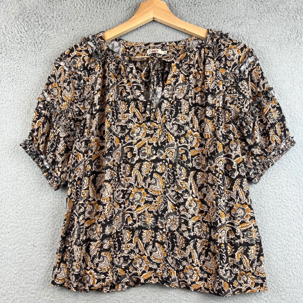 Faherty Women Black Yellow Paisley Viscose Crepe Puff Sleeve Tie Top Small